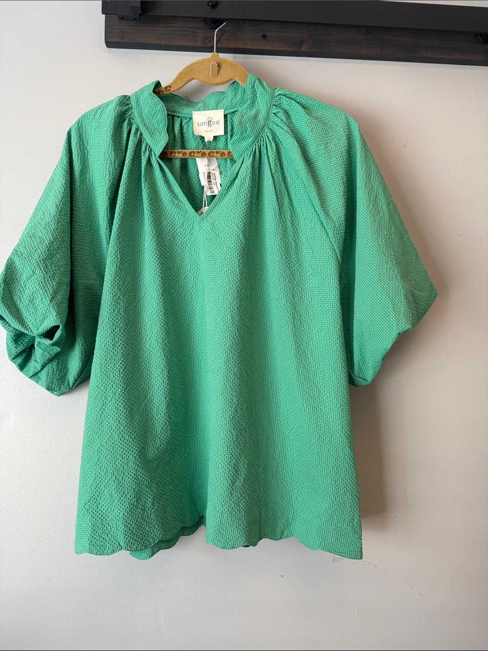 Umgee Emerald green Textured V-Neck Puff Sleeve Top